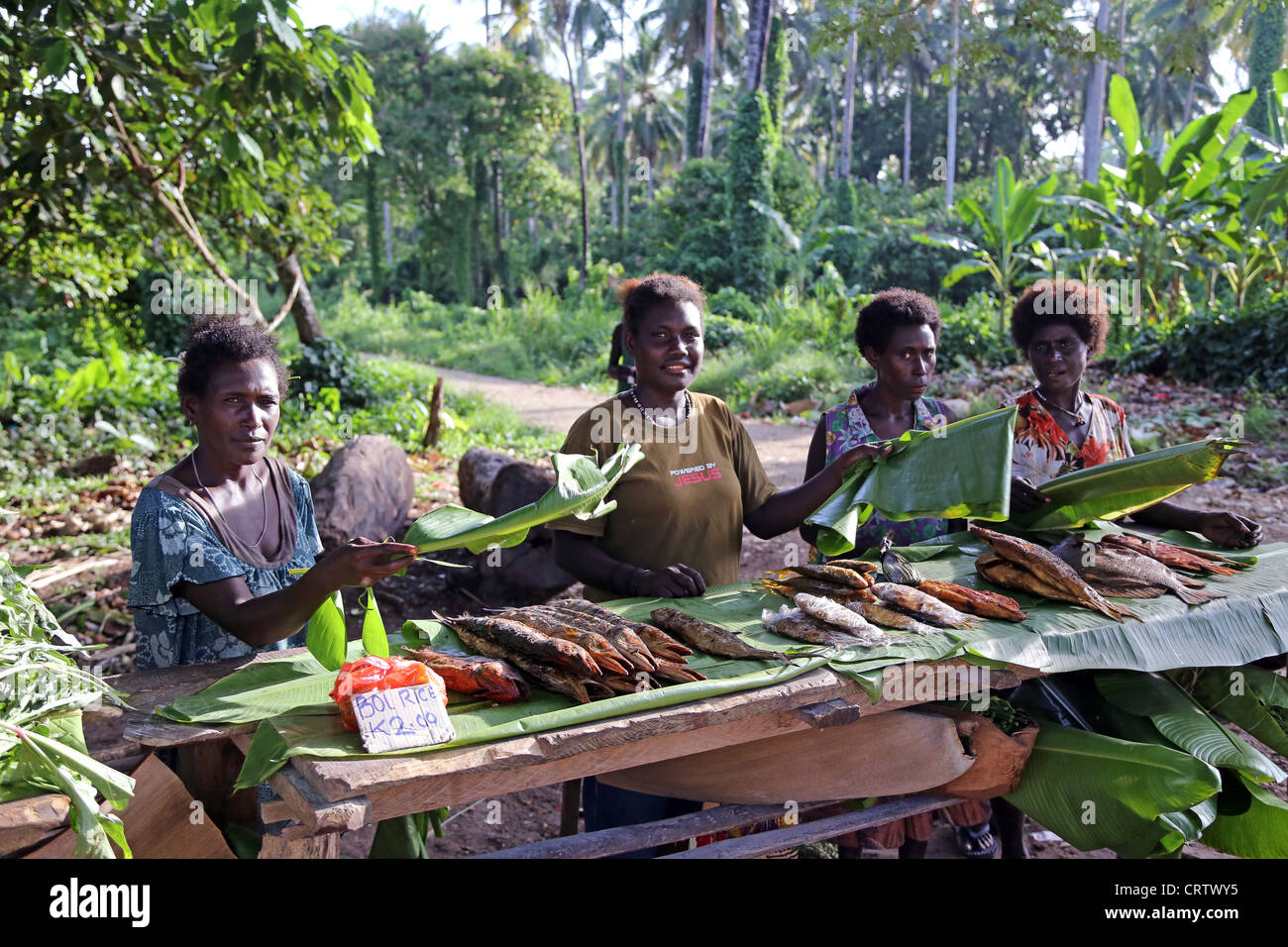 women wave flies of the fishes, market stall on the road to Arawa, Bougainville island, Papua New Guinea Stock Photo