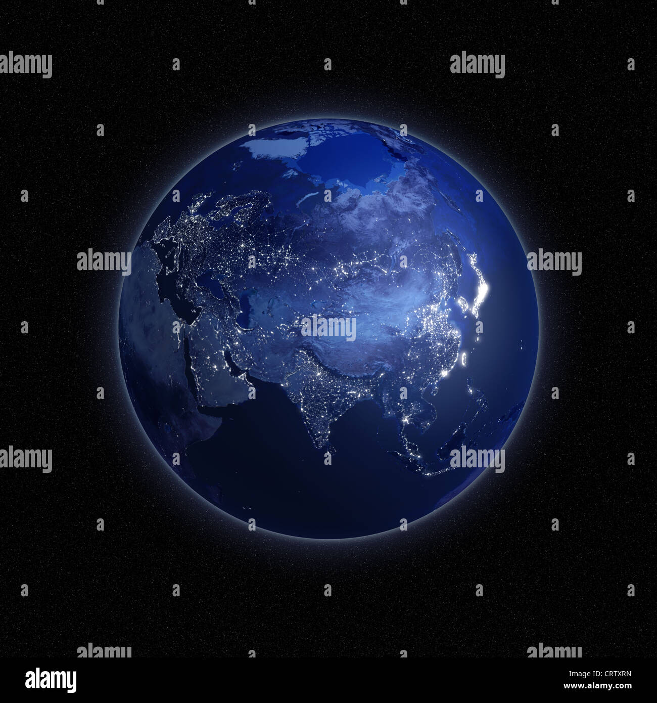 Night view of the Earth from space with lights glowing in urban areas ...