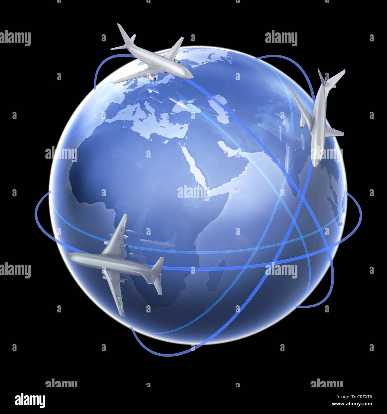 Three airplanes around th eglobe - air travel concept illustration Stock Photo
