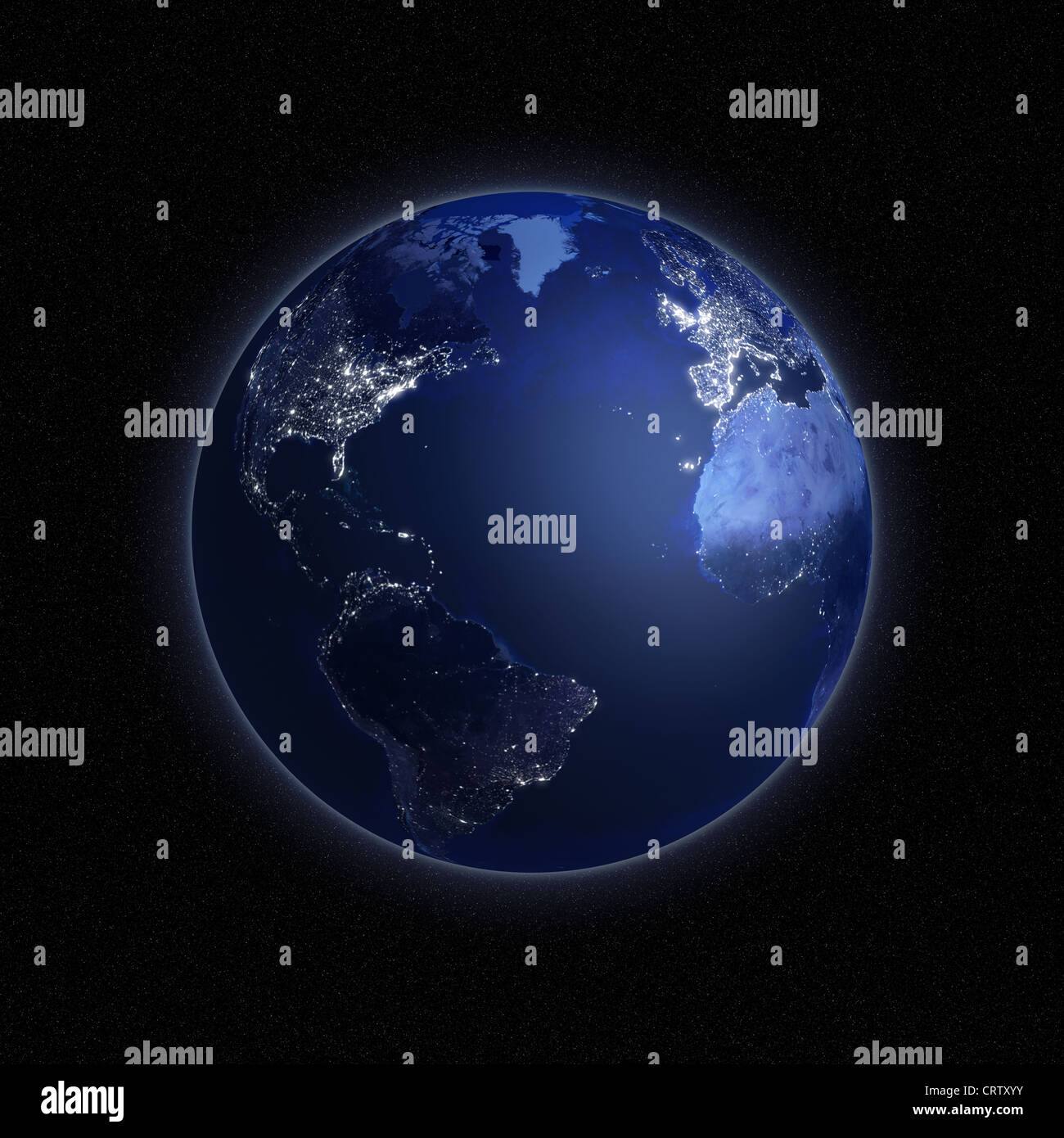 Night view of the Earth from space with lights glowing in urban areas ...