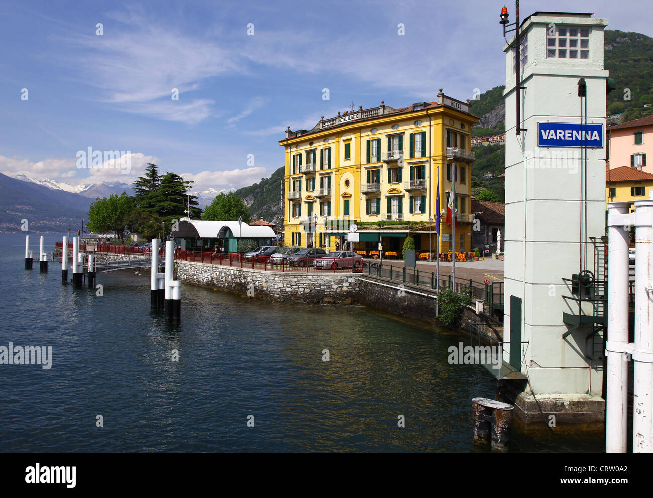 Hotel Olivedo and the ferry landing stage at Varenna Lake Como Italy Italian region Lombardy