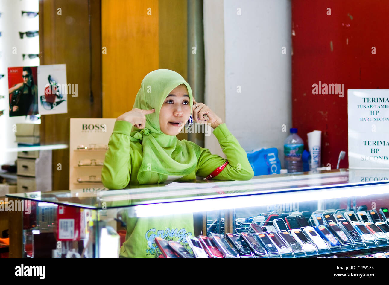 mobile phone stall, Mall Pekanbaru, Pekanbaru, Sumatra, Indonesia Stock Photo