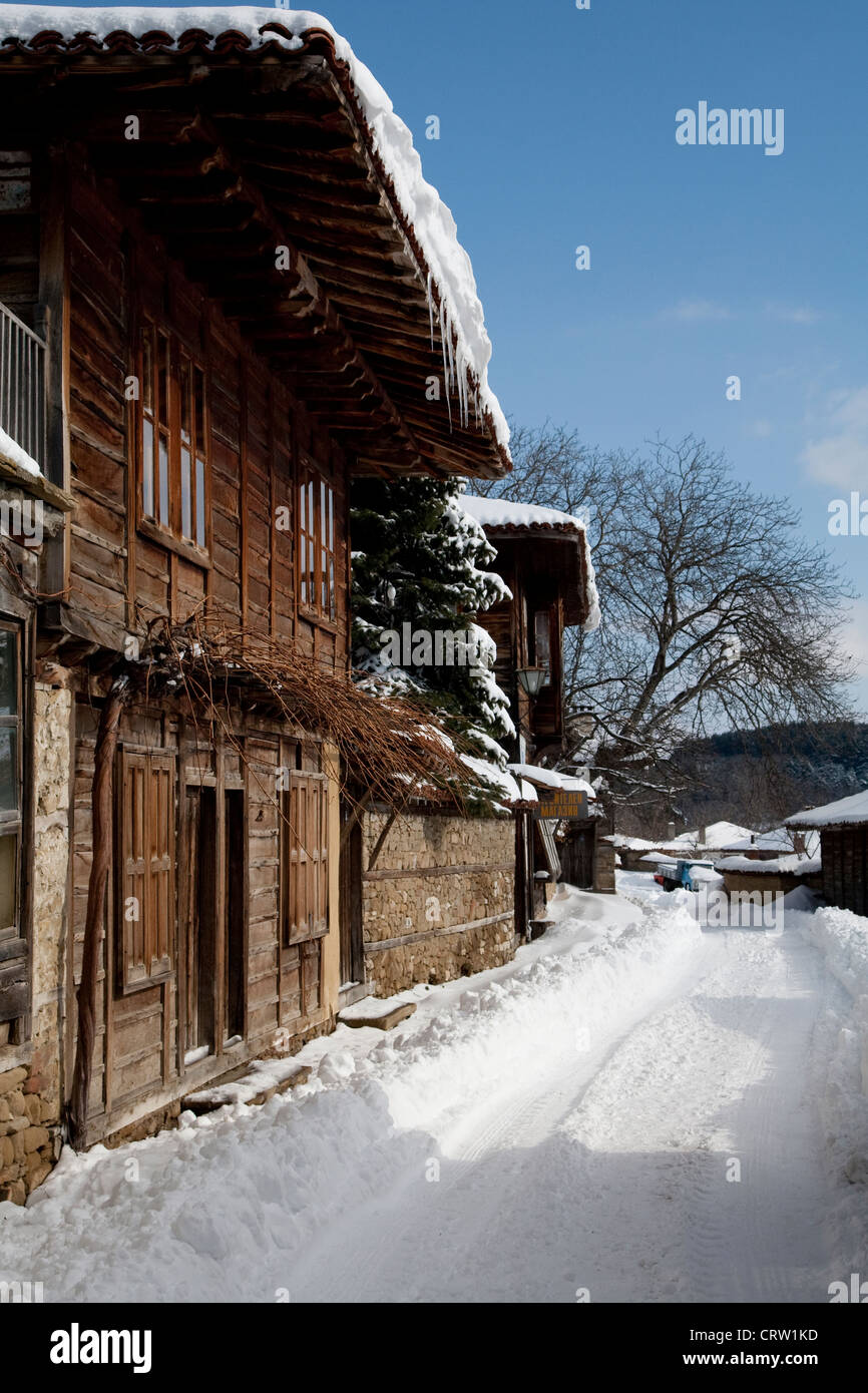 Old wooden building in Zheravna in Bulgaria in winter Stock Photo