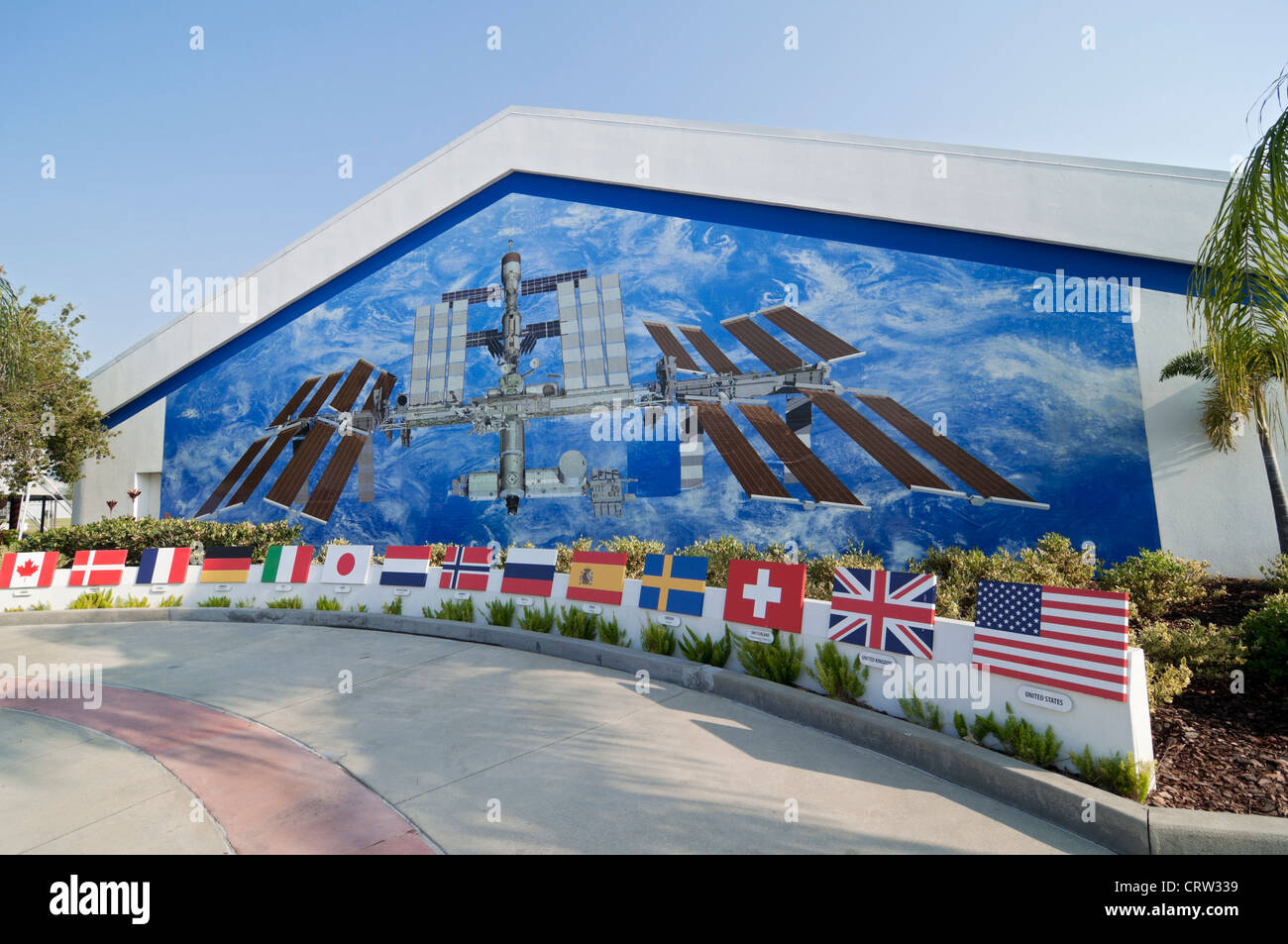 Kennedy Space Center Visitor Complex on Merritt Island Florida mural and diagram of the International Space Station. Stock Photo