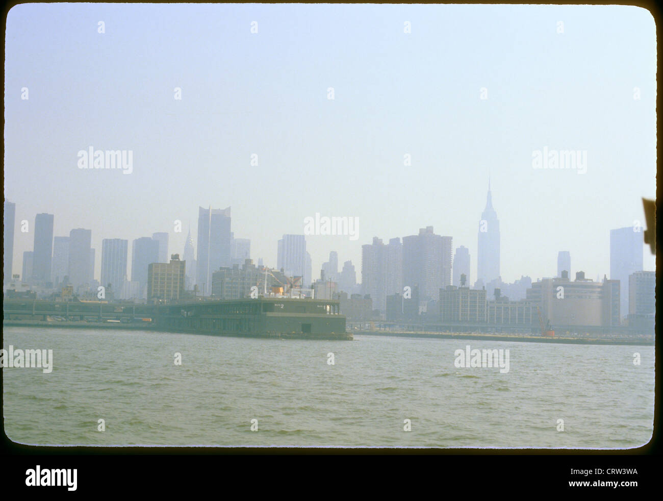 New York city skyline seen from hudson river skyscrapers tall buildings water Stock Photo