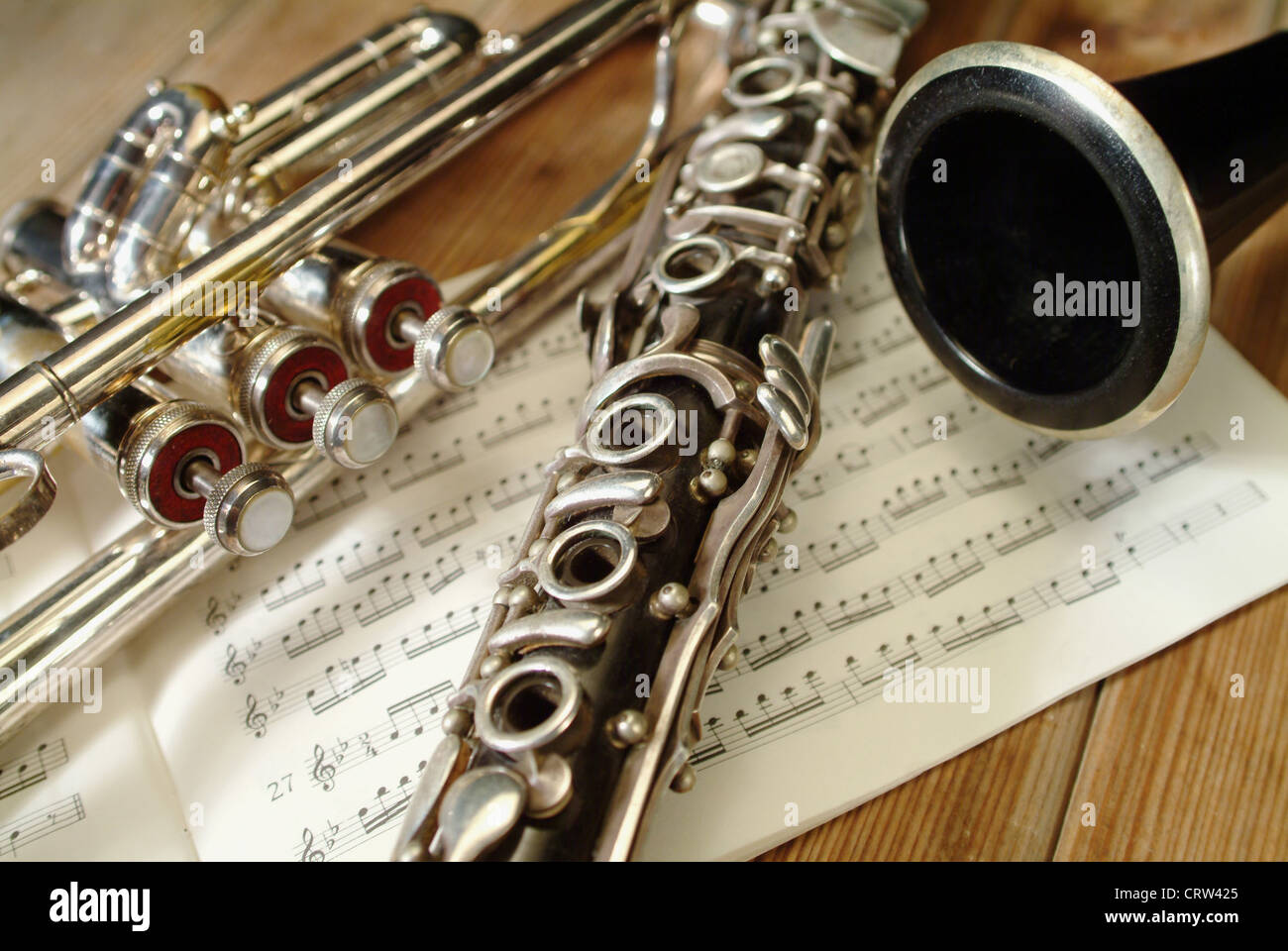 Clarinet, trumpet and notes Stock Photo