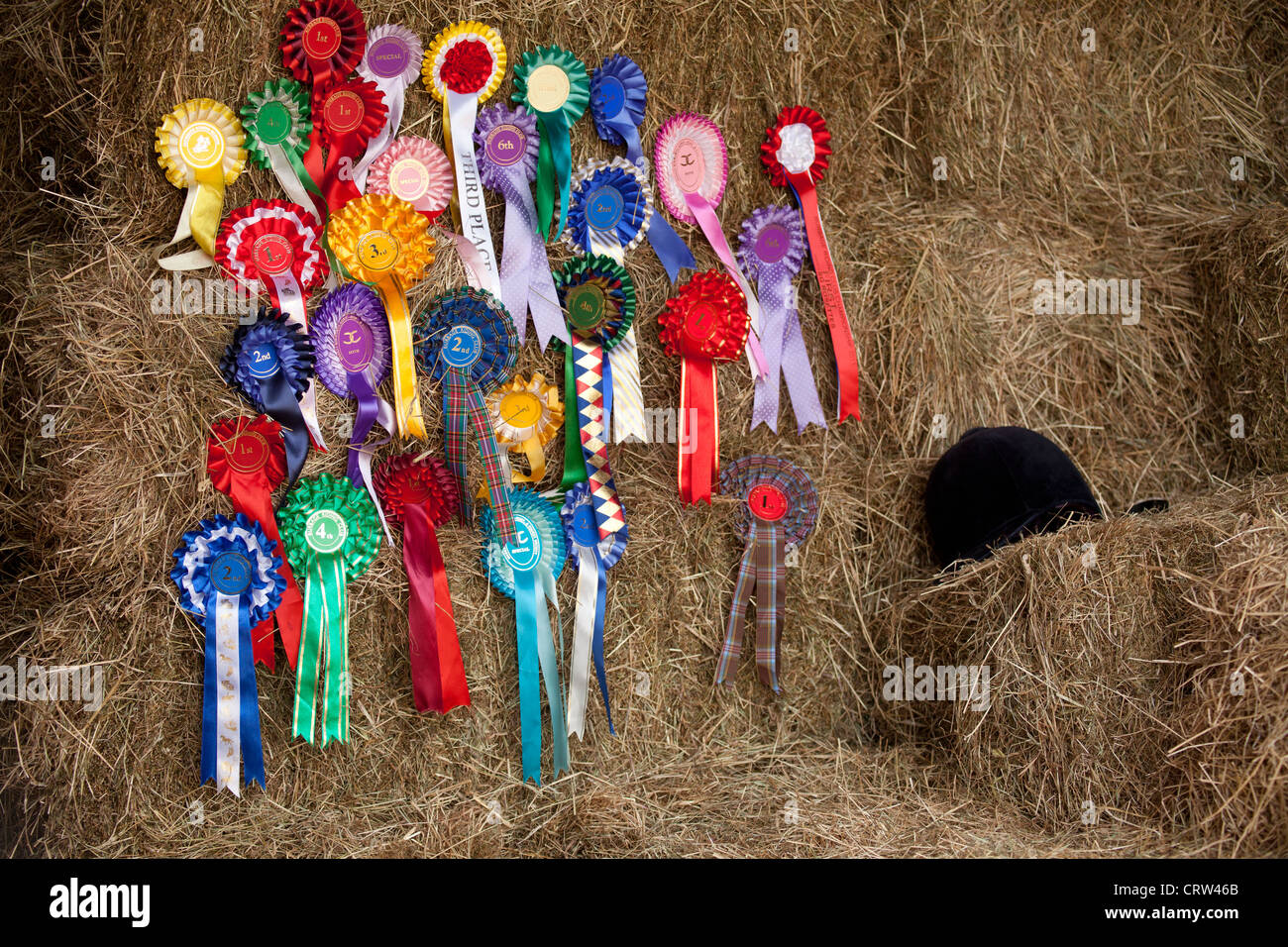 Horse riding rosettes and riding hat on hay bales Stock Photo