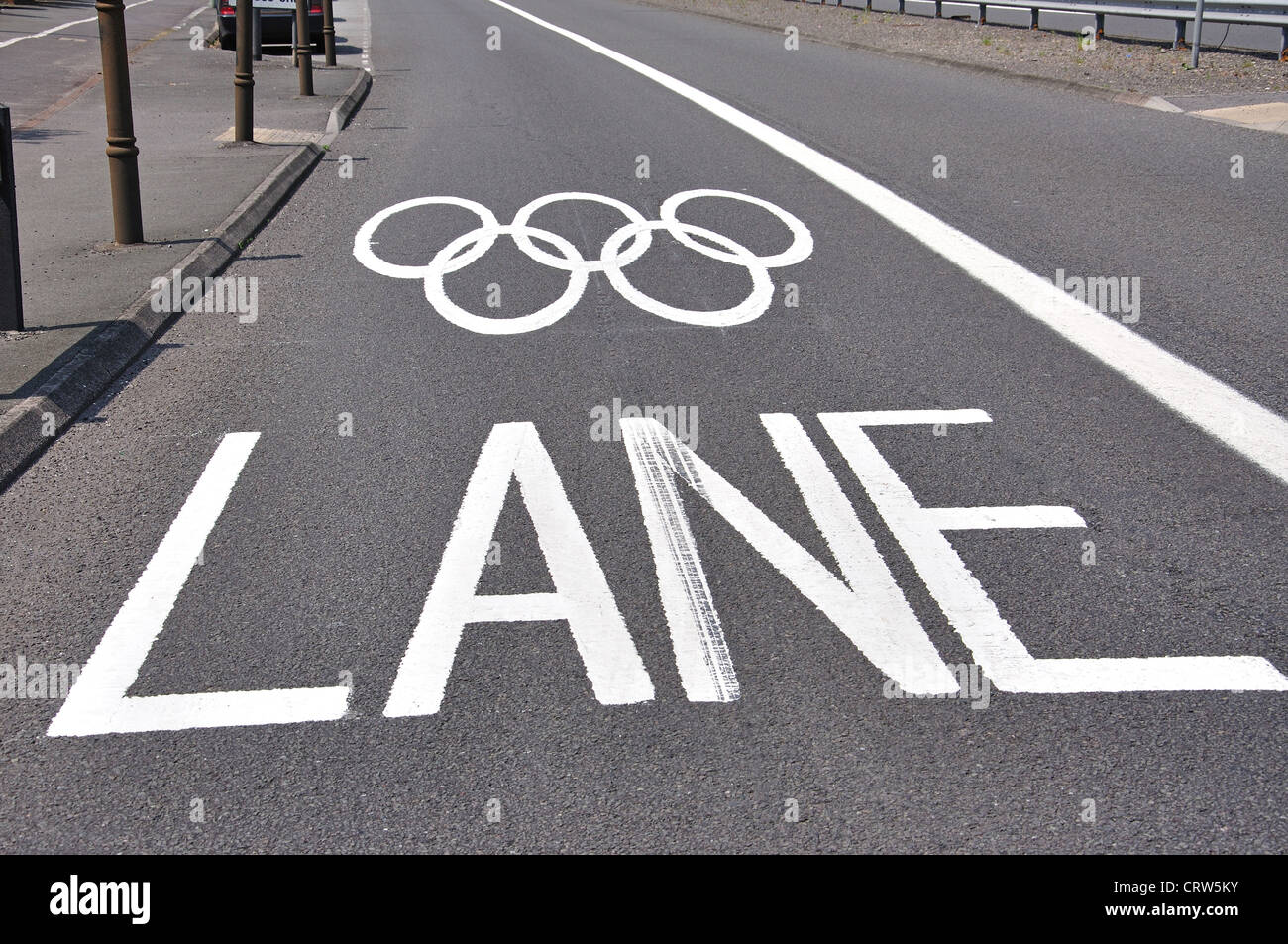 Olympic lanes on A30 dual carriageway, Runnymede, Surrey, England, United Kingdom Stock Photo