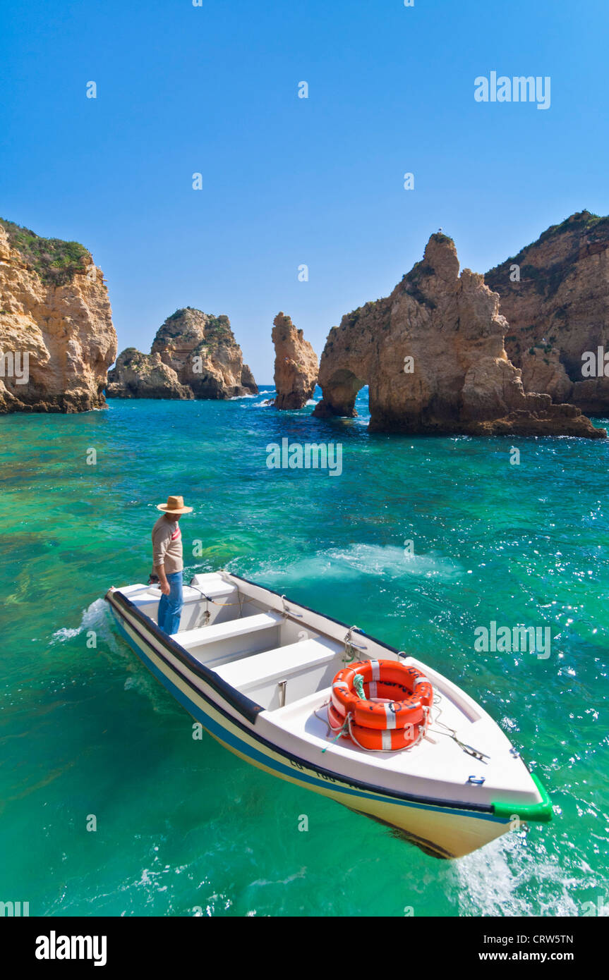 excursion boat ponta da piedade rock pinnacles algarve portugal eu europe close up Stock Photo