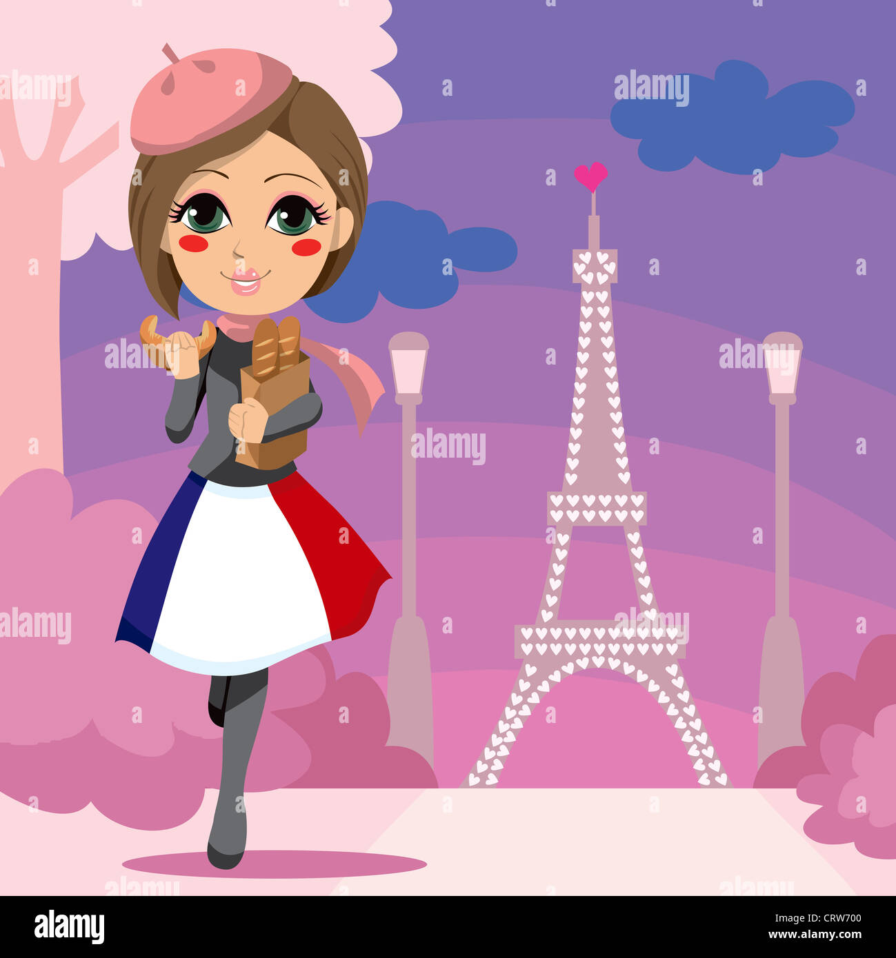 Cute girl walking with a bag of bread and eating croissant in Paris Stock Photo