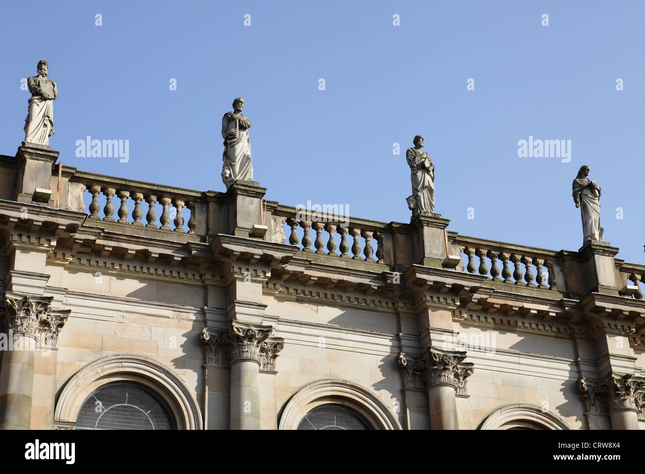 Glasgow Evangelical Church detail showing 4 Evangelists statues, designed by architect John Honeyman, built 1878-1880, Cathedral Square, Scotland, UK Stock Photo