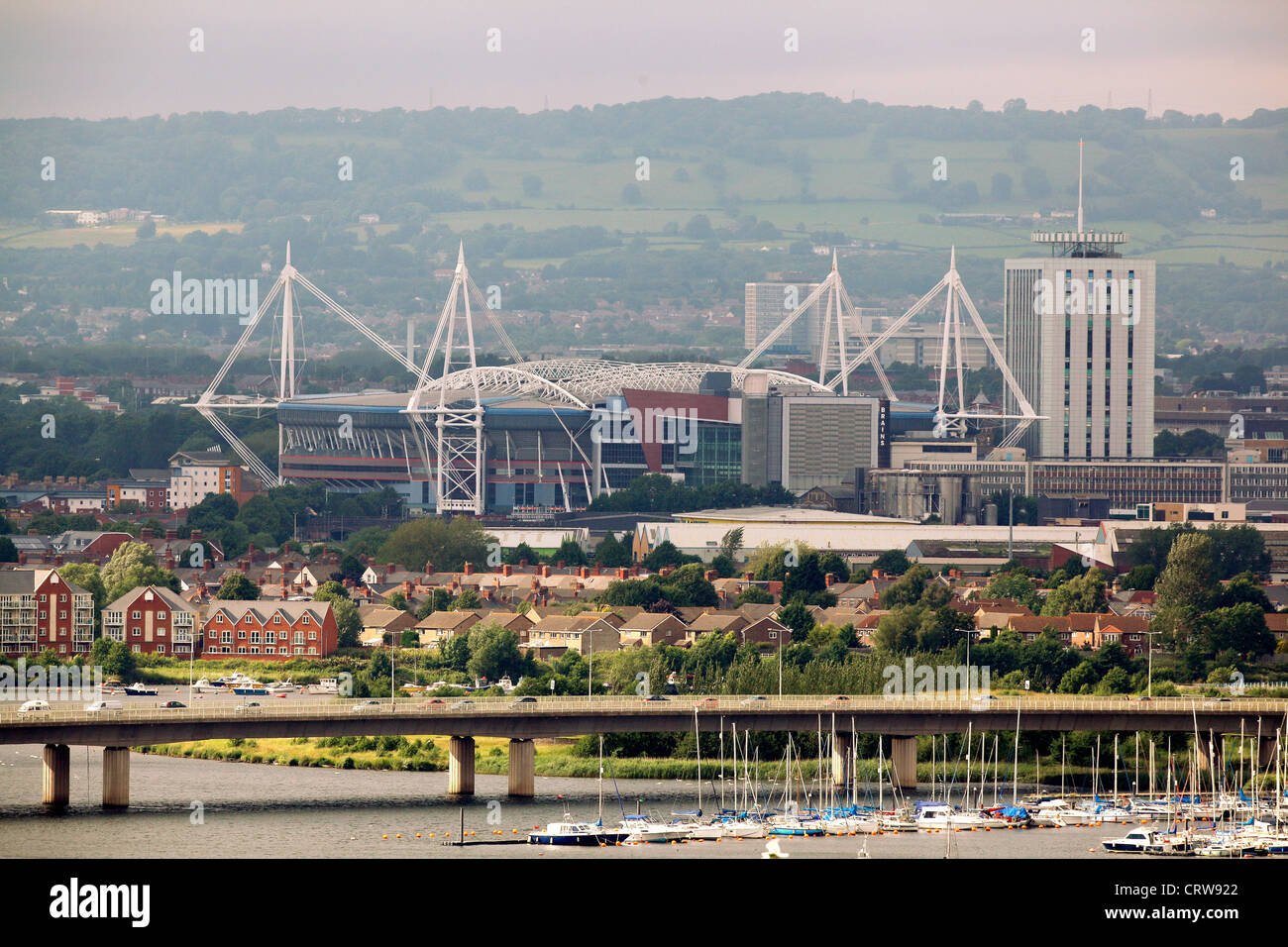 Millennium Stadium and the A4232 Grangetown Link in Cardiff as seen from Penarth, Vale of Glamorgan south Wales Stock Photo