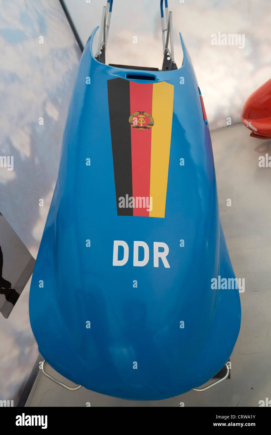 East German bobsleigh at German Sports and Olympics Museum in Cologne Germany Stock Photo