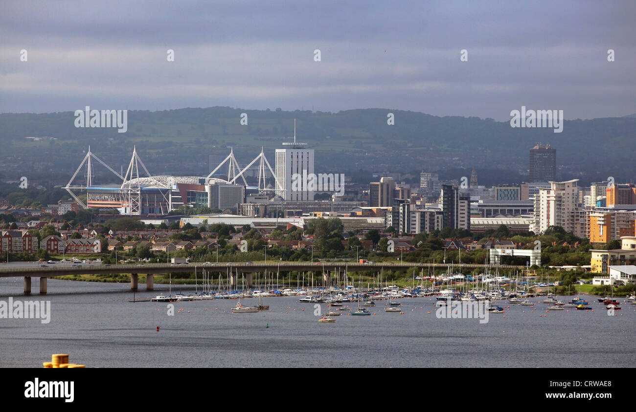 Millennium Stadium and the A4232 Grangetown Link, Cardiff as seen from Penarth, Vale of Glamorgan south Wales Stock Photo