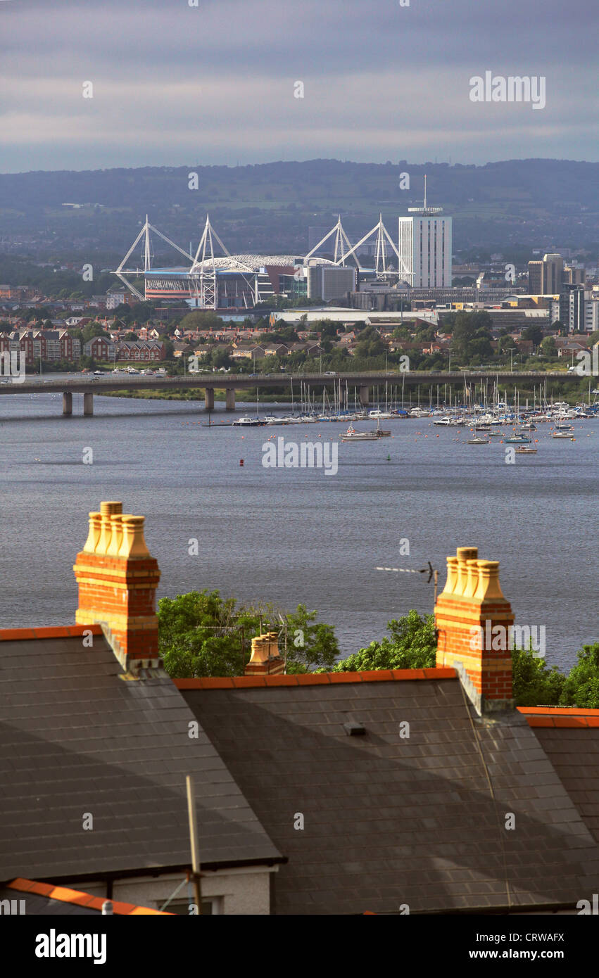 Millennium Stadium and the A4232 Grangetown Link, Cardiff as seen over chimneys in Penarth, Vale of Glamorgan south Wales Stock Photo
