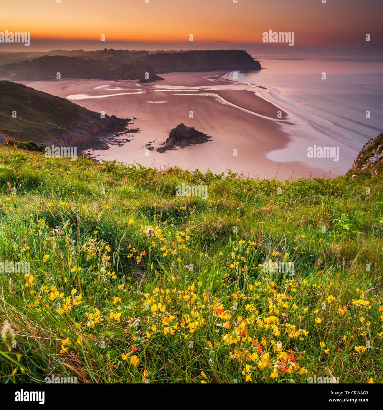 Three Cliffs Bay from Penmaen Burrows, Gower, Wales Stock Photo
