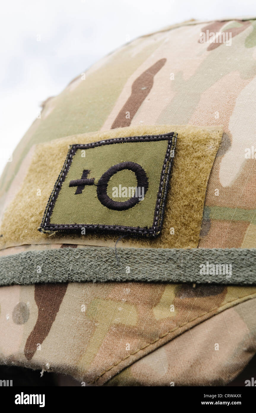 Blood group indicator patch on a soldier's helmet Stock Photo