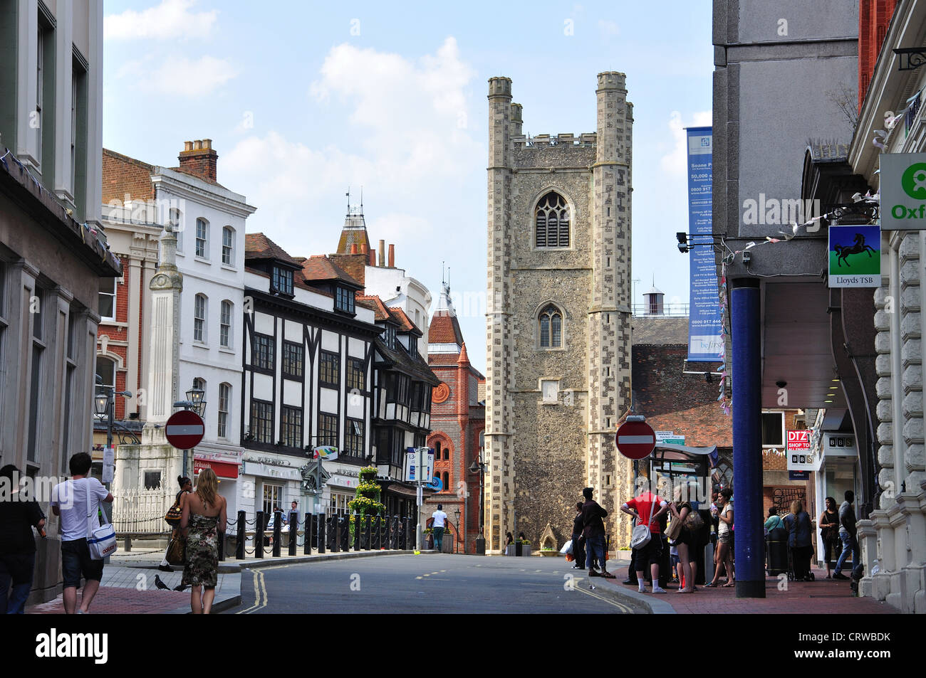Market Place showing St Lawrence's Church Tower, High Street, Reading, Berkshire, England, United Kingdom Stock Photo