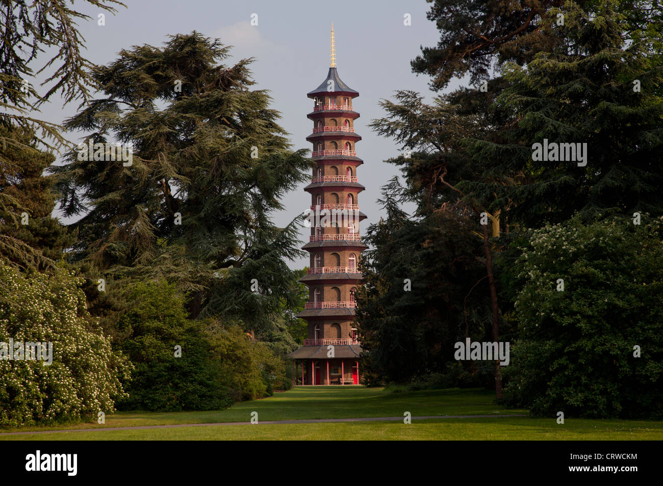 Set among large trees, the 50-metre 10-storey pagoda is the highest structure at Kew Gardens in London in England. Stock Photo