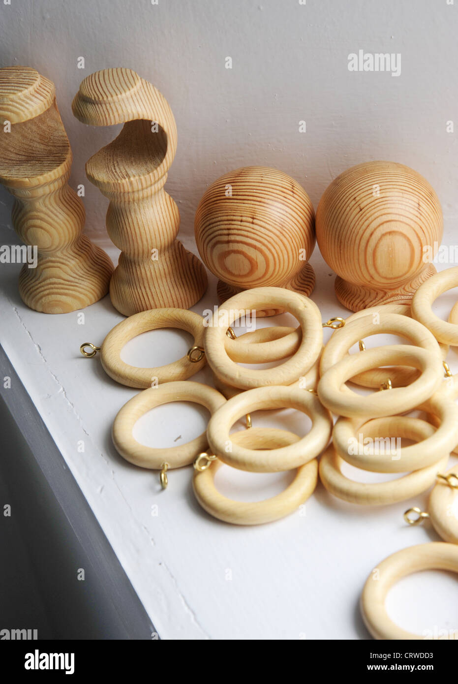 Wooden curtain rings and fixtures Stock Photo