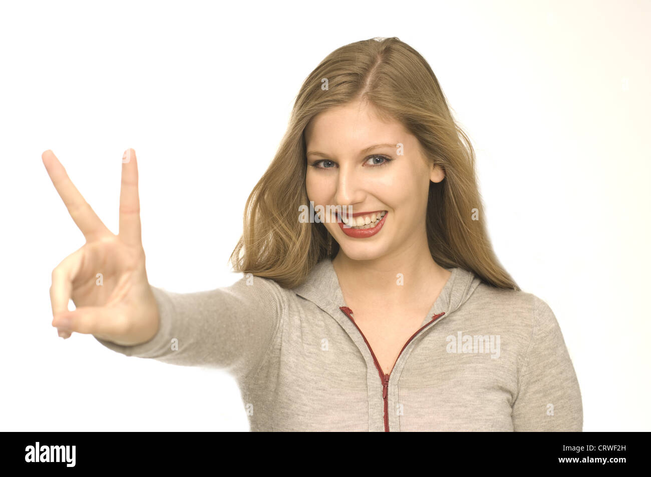 woman does victorysign Stock Photo