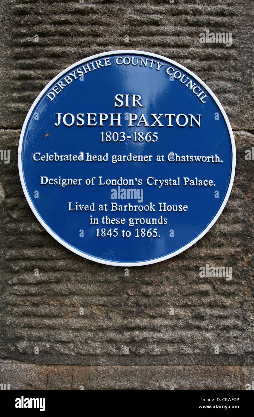 Blue Plaque to Sir Joseph Paxton Blue  who was Head Gardener at Chatsworth Stock Photo