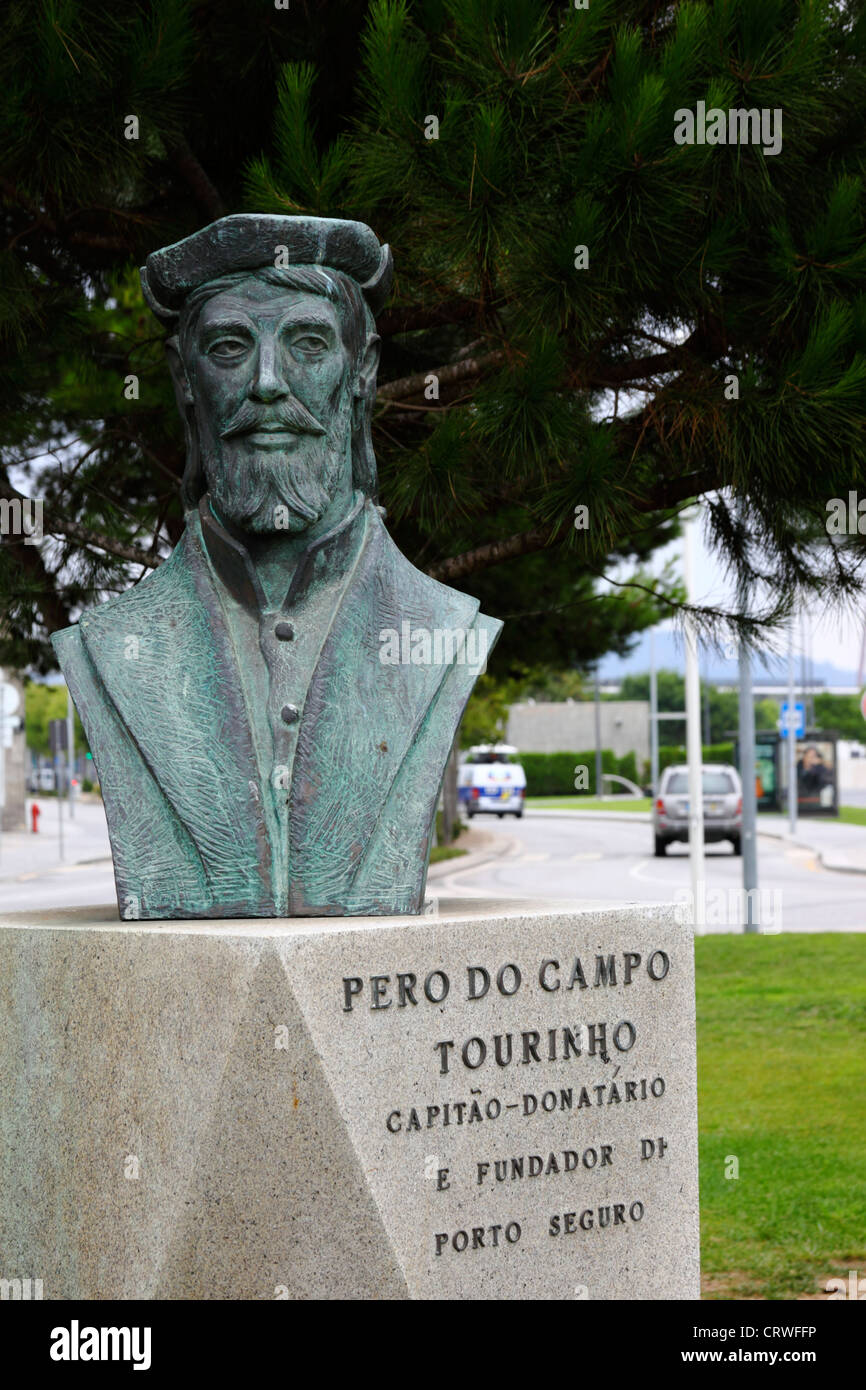 Statue of 16th century explorer Pero do Campo Tourinho (founder of Porto Seguro in Brazil), Viana do Castelo, northern Portugal Stock Photo