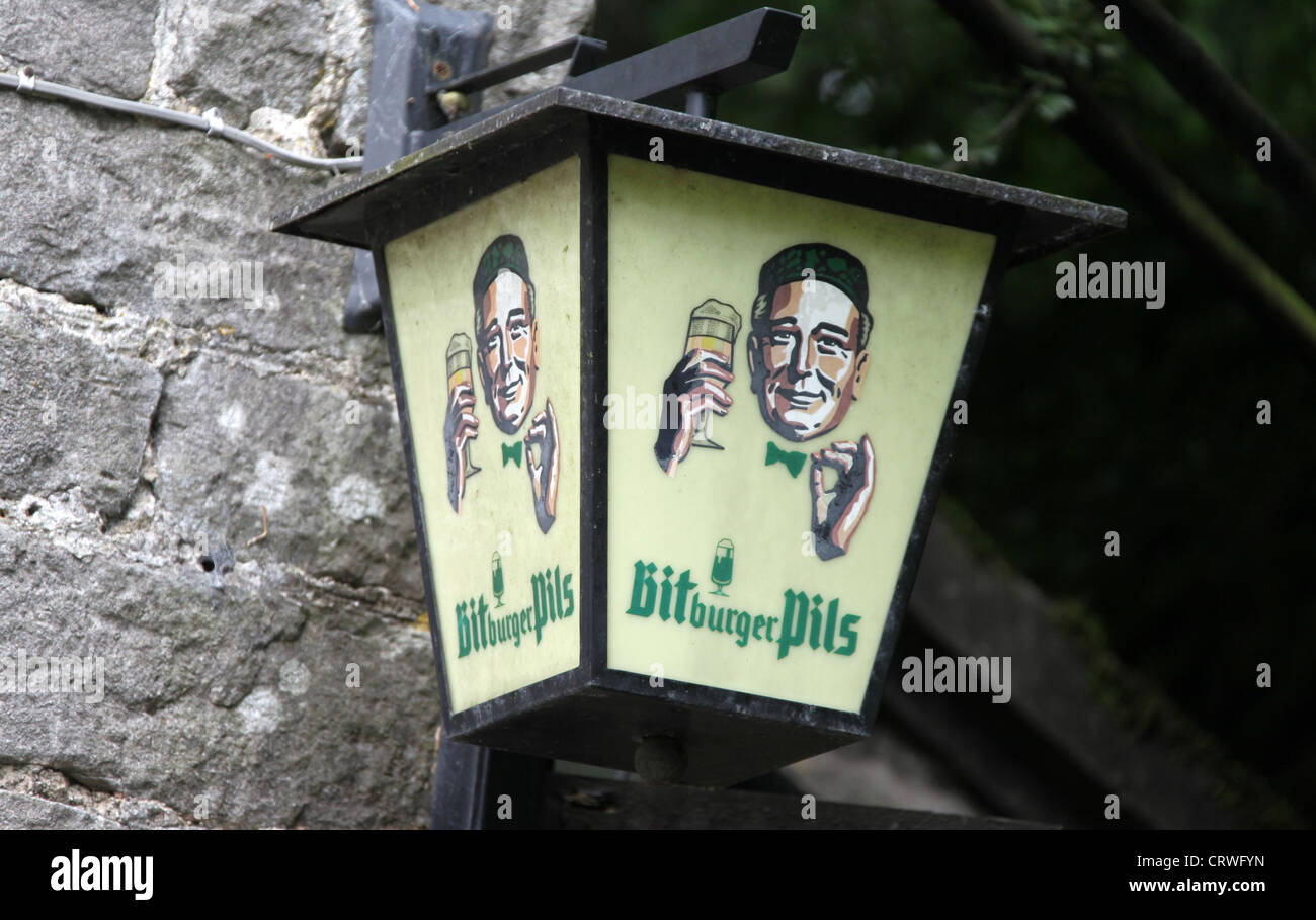 Bitburger Lamp outside a pub in the Peak District Stock Photo - Alamy