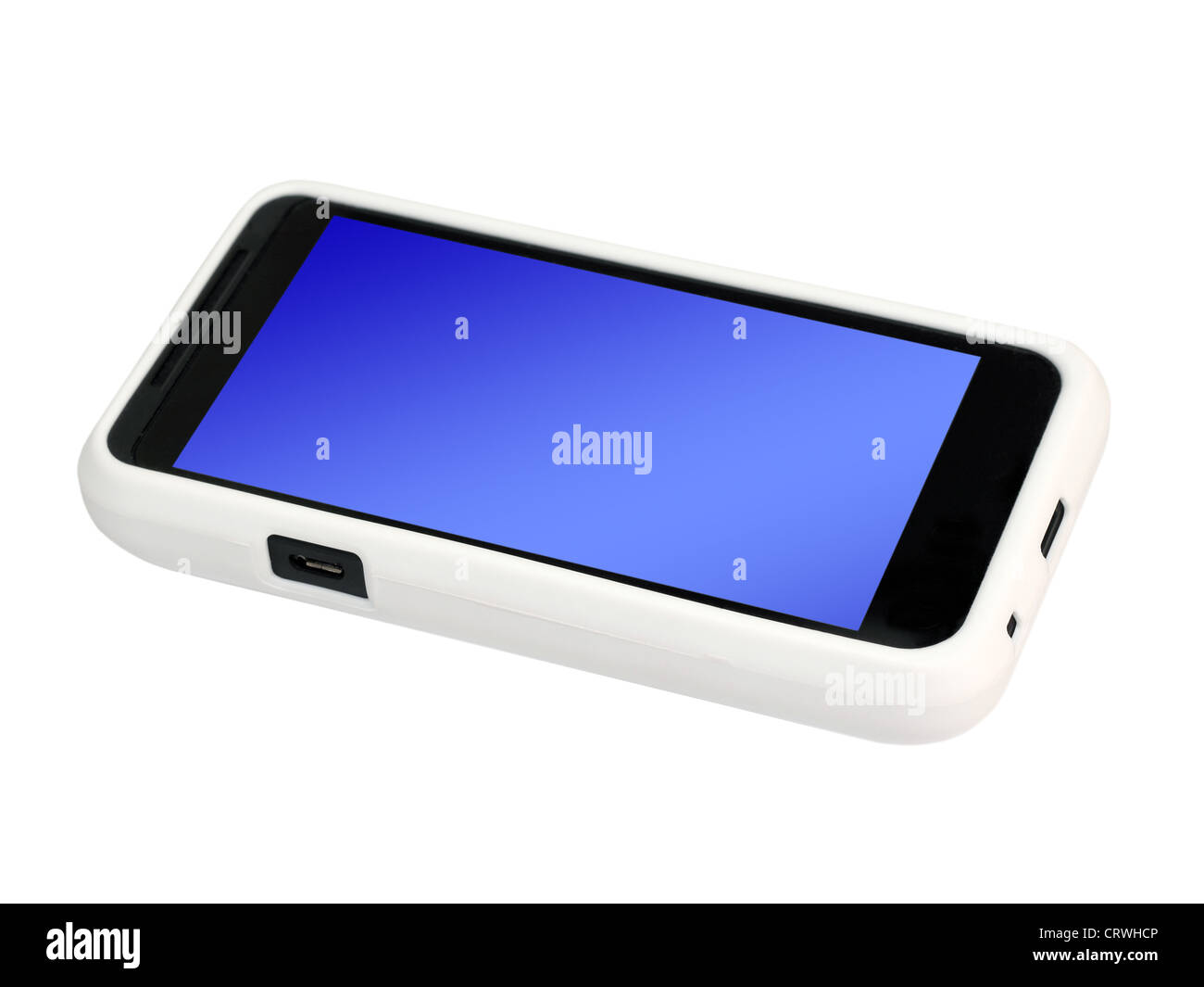 Mobile phone in a cover with a blank screen. Isolated on a white background. Stock Photo