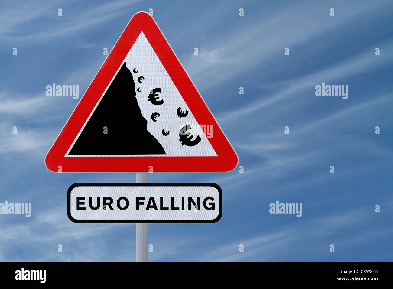 An actual road sign modified to indicate the depreciation of the Euro currency Stock Photo