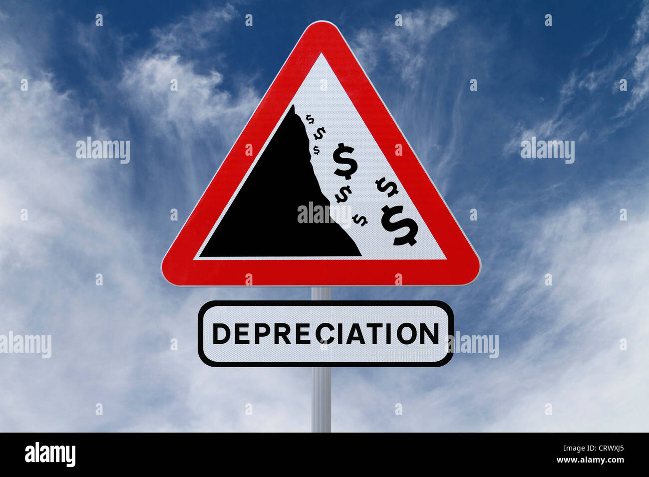 An actual road sign modified to indicate the depreciation of the US dollar Stock Photo