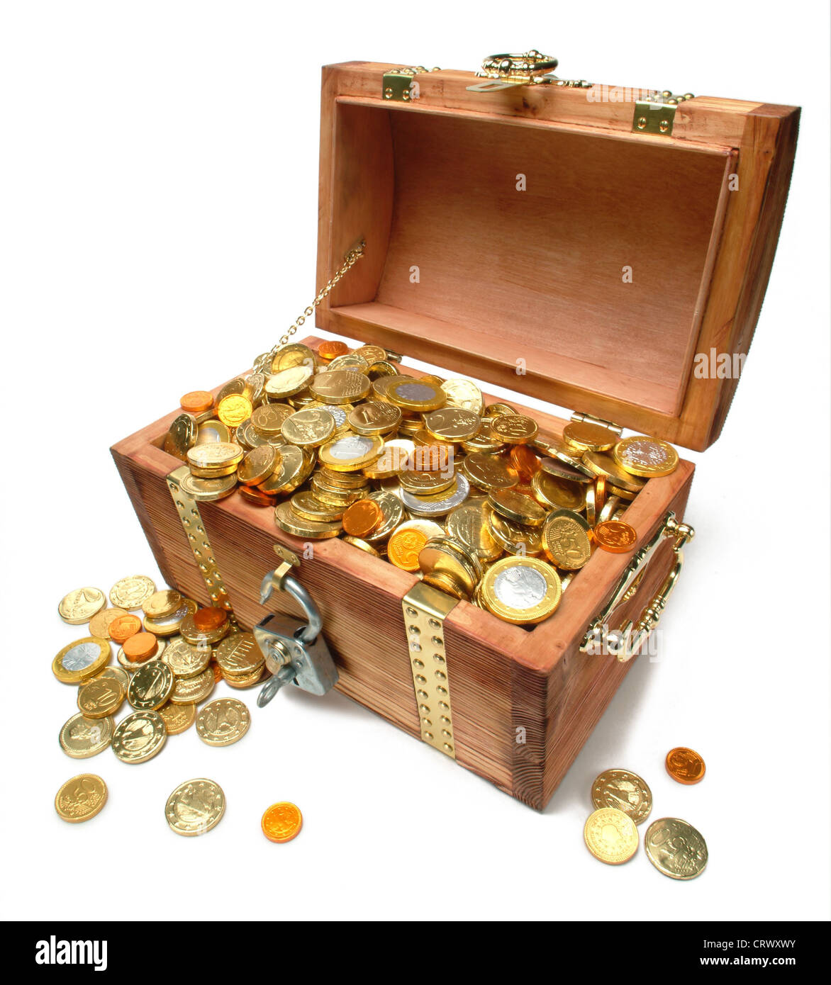 Treasure chest filled with gold crowns Stock Photo Alamy