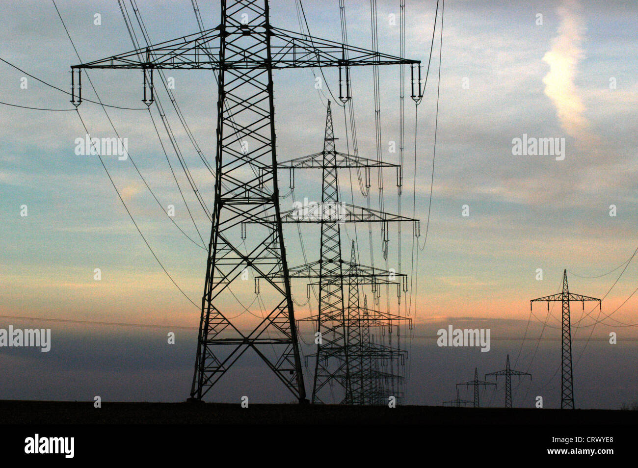 Power poles in the sunset light Stock Photo - Alamy