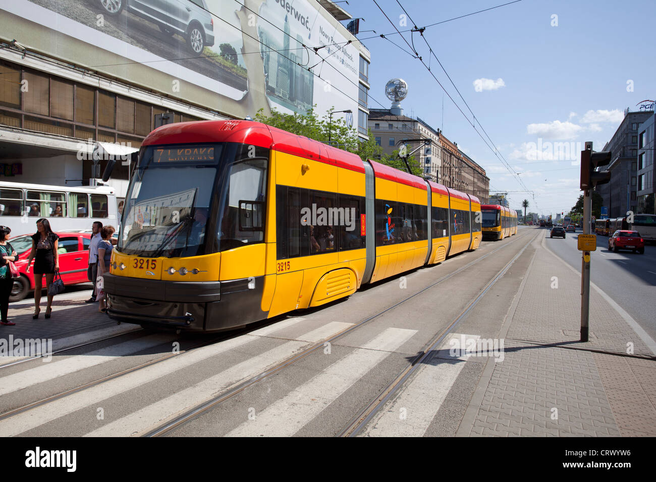 A tram travelling through the centre of Warsaw, Poland. Stock Photo