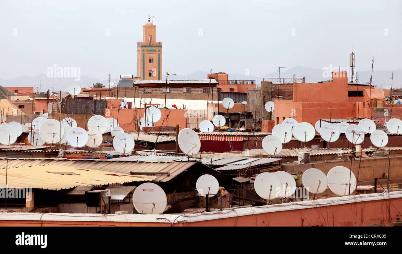 Modern technology with multiple satellite dishes above Djemma el Fna square, Marrakech Morocco Africa Stock Photo
