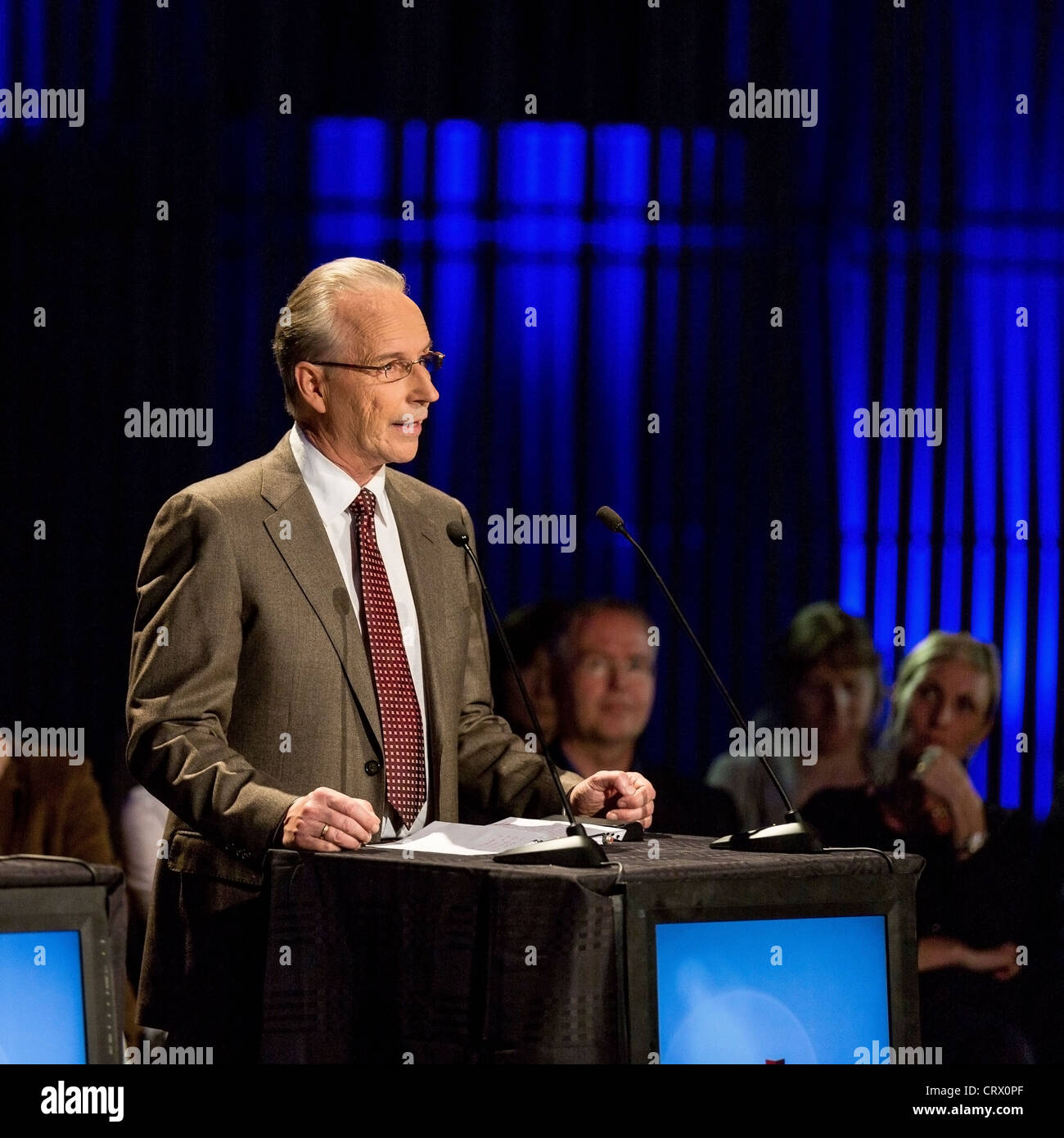 Speaker at podium during a conference, Reykjavik. Iceland Stock Photo