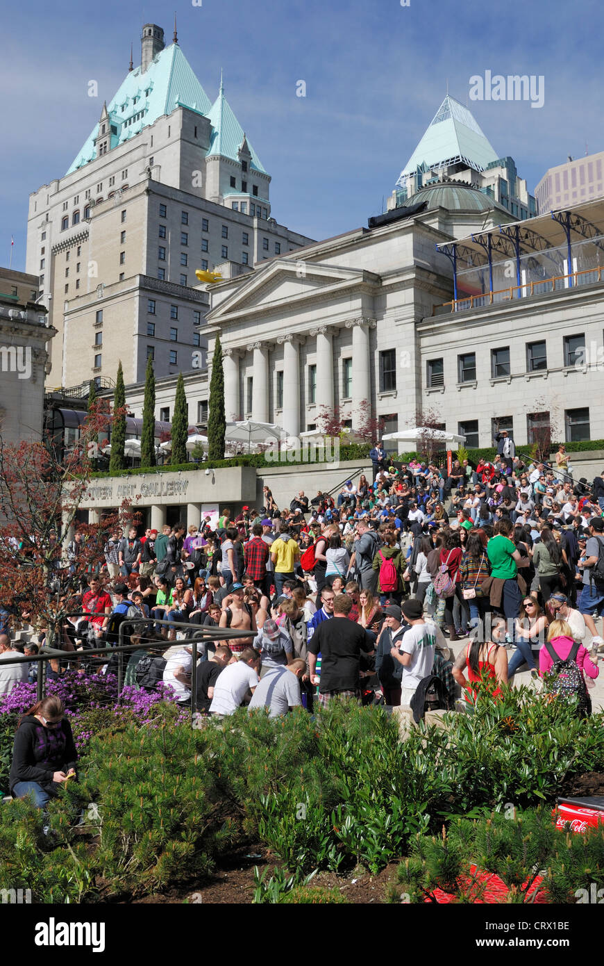 Mass amount of people gather at the Vancouver Art Gallery during the City's annual 4 20 Marijuana smoke in. Stock Photo