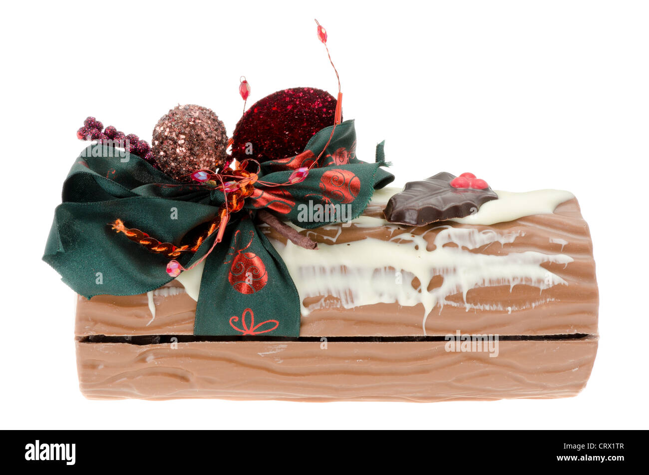 Belgian chocolate Yule log - studio shot with a white background Stock Photo