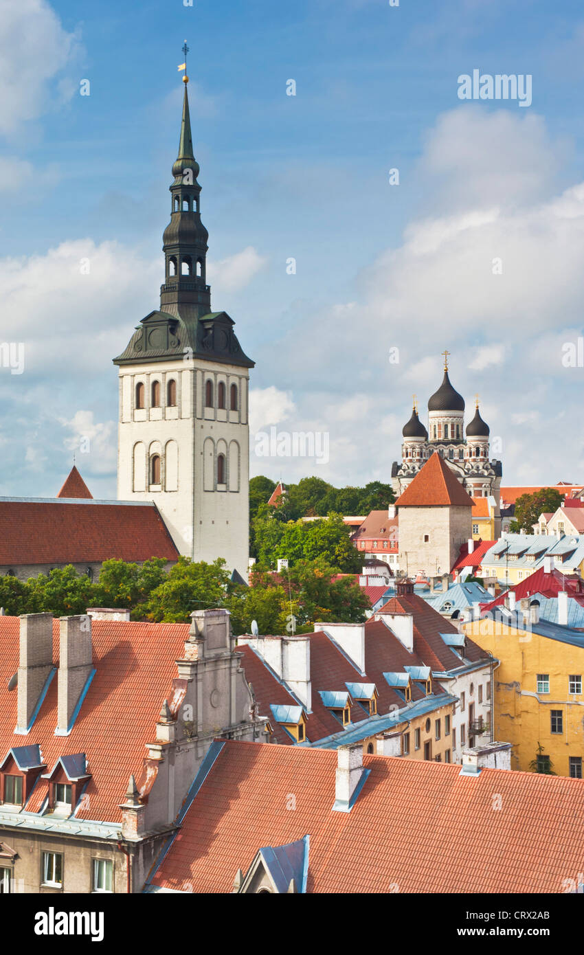 Tallinn Old Town red tile rooftopswith the bell tower of the Niguliste church and Alexander Nevsky cathedral Medieval Tallinn Estonia Baltic States Stock Photo