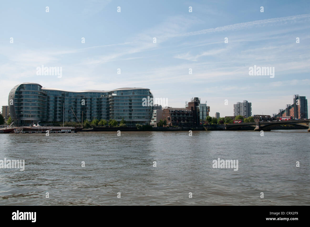 Battersea Bridge,London Buses,Apartment Buildings opposite Chelsea
