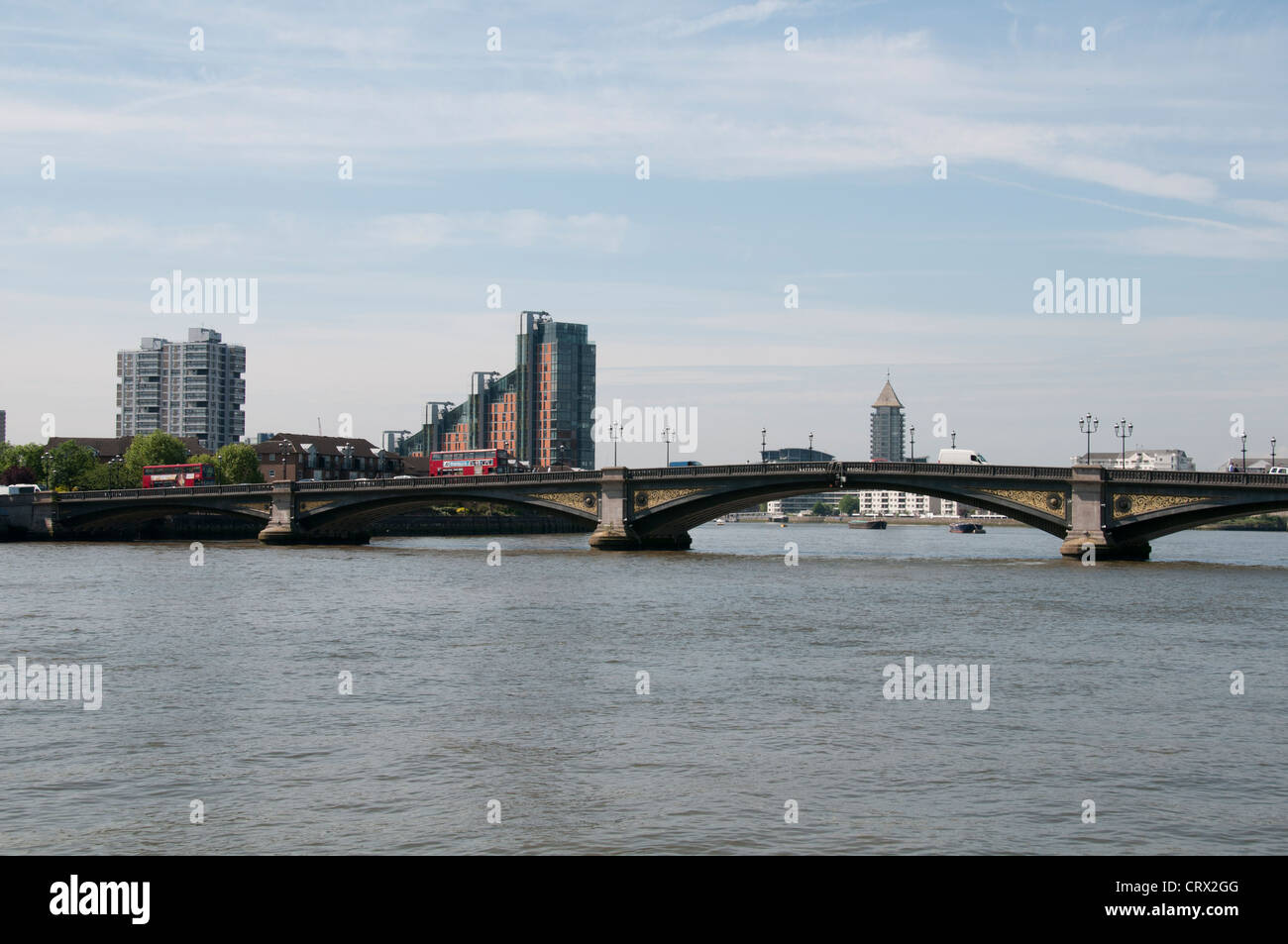 Battersea Bridge,London Buses,Apartment Buildings opposite Chelsea