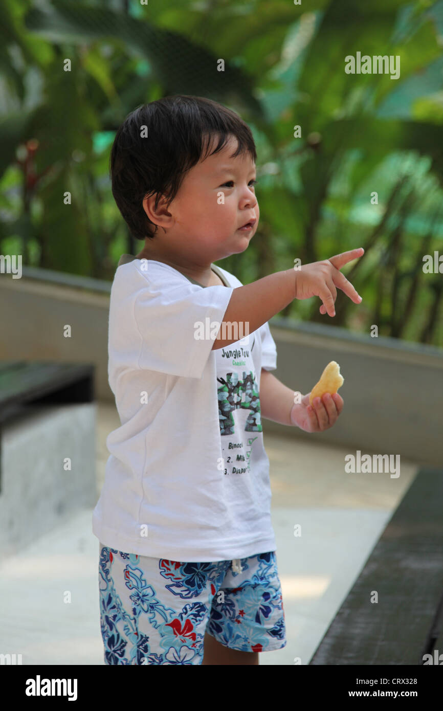 It's Chinese Eurasian baby Boy who is the center of this photo. he thinks  dreams literally drinking life. He sits on wood chair Stock Photo - Alamy