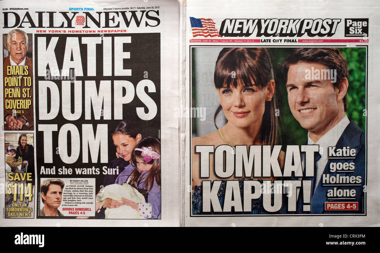 The covers of the New York Daily News and the New York Post report on Katie Holmes filing for divorce from Tom Cruise Stock Photo