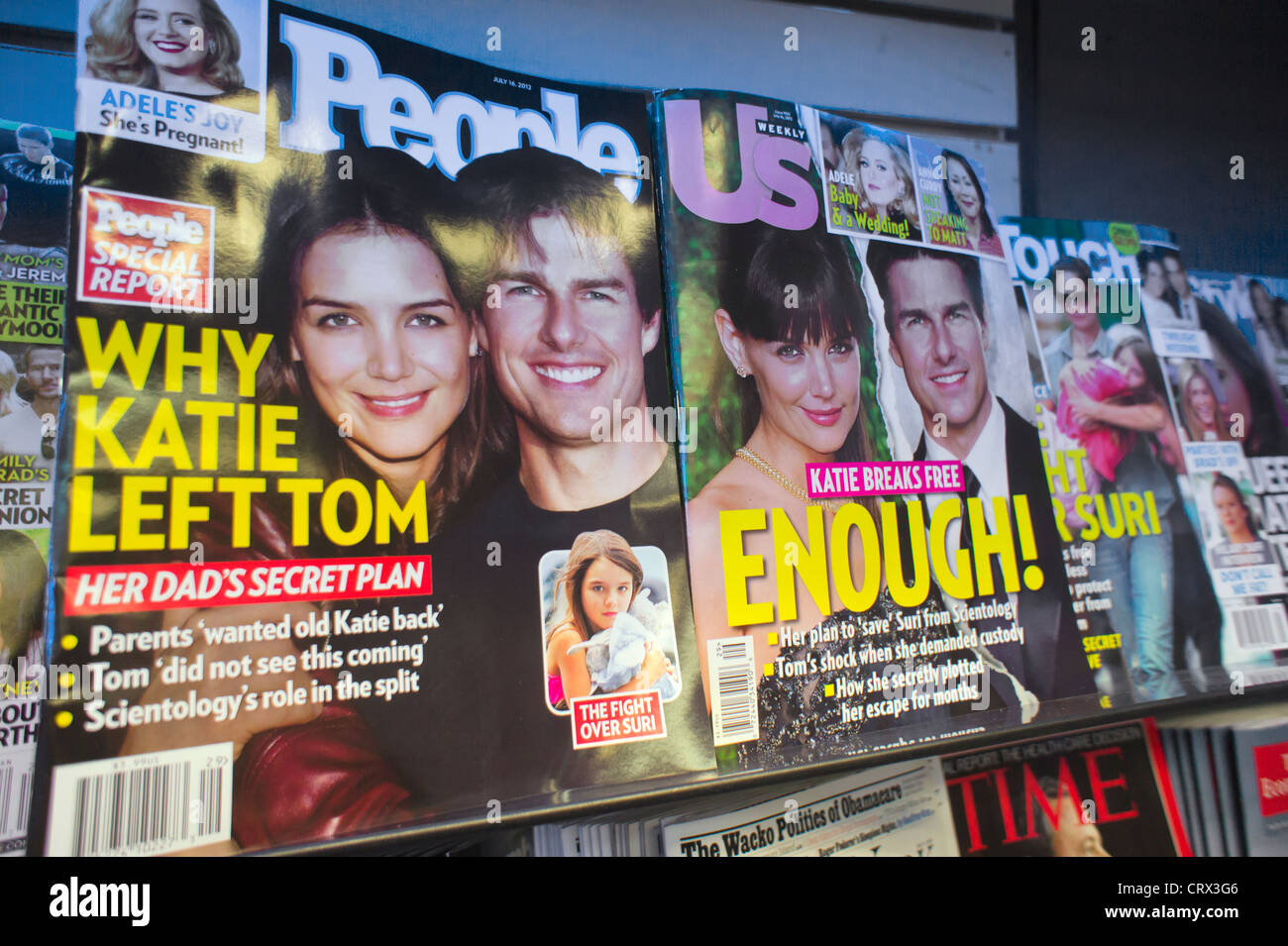 The covers of the tabloid magazines, People, Us and InTouch report on Katie Holmes filing for divorce from Tom Cruise Stock Photo