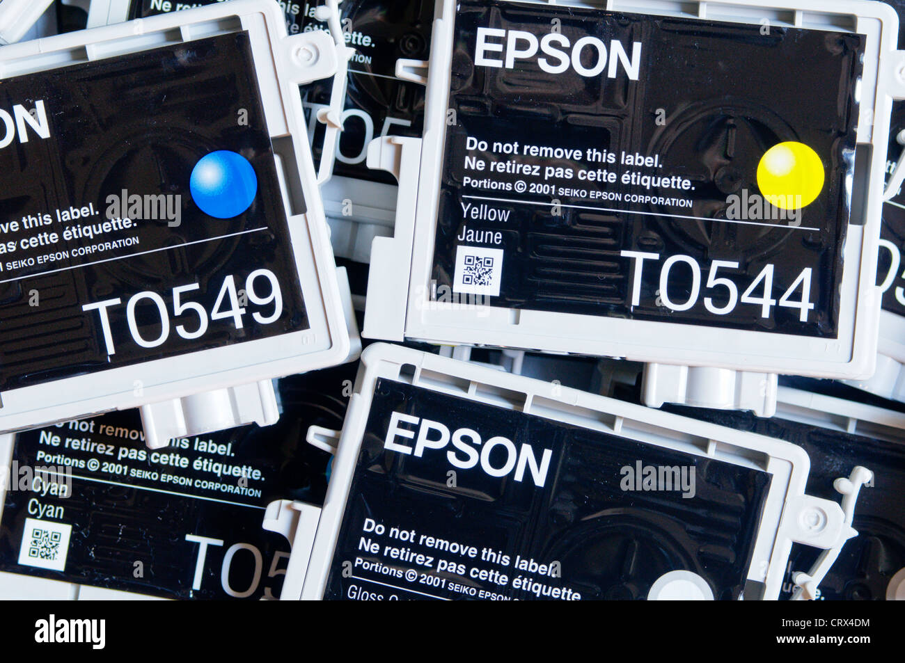 A pile of Epson inkjet cartridges. Stock Photo