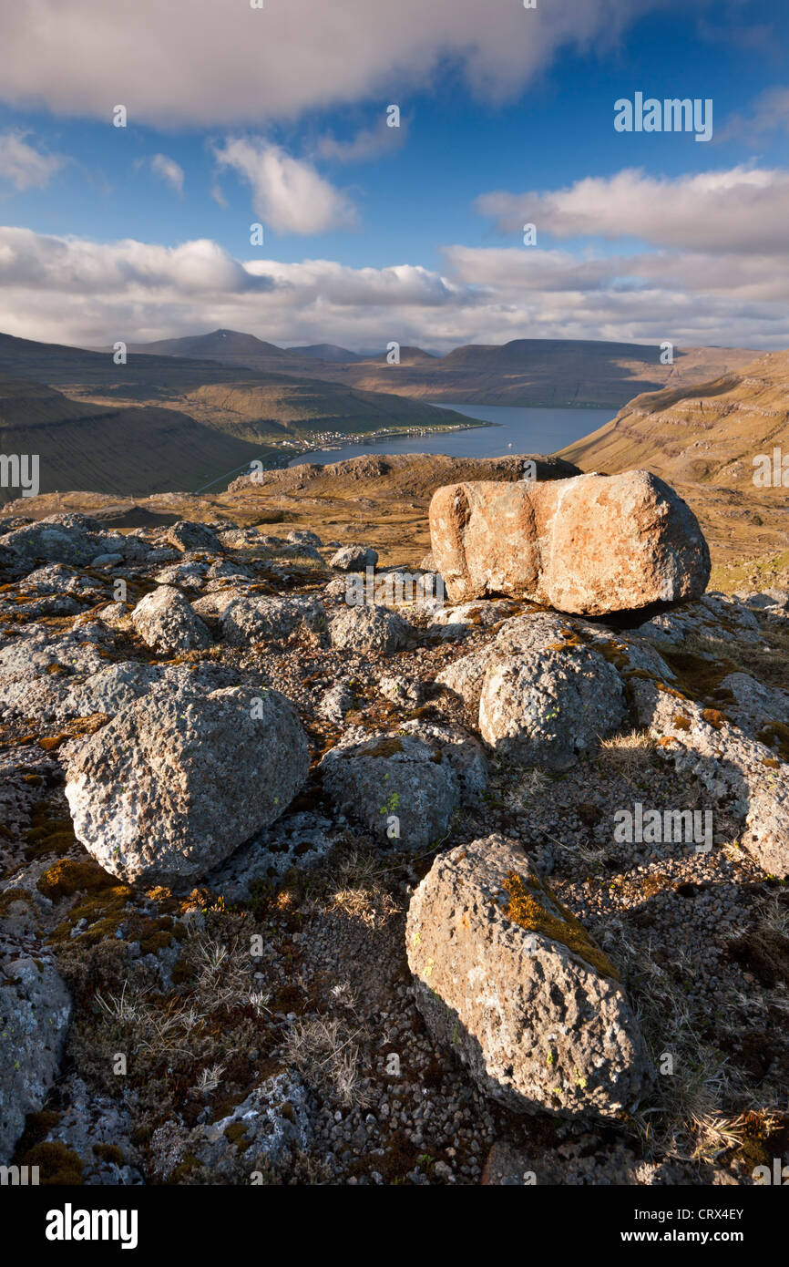 Mountain view looking towards Kollafjordur, Streymoy, Faroe Islands. Spring (June) 2012. Stock Photo