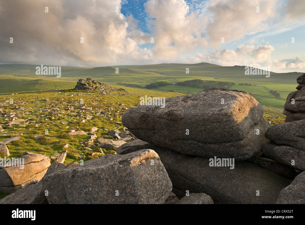 Vista towards Yes Tor from Belstone Ridge, Dartmoor, Devon, England. Summer (June) 2012. Stock Photo