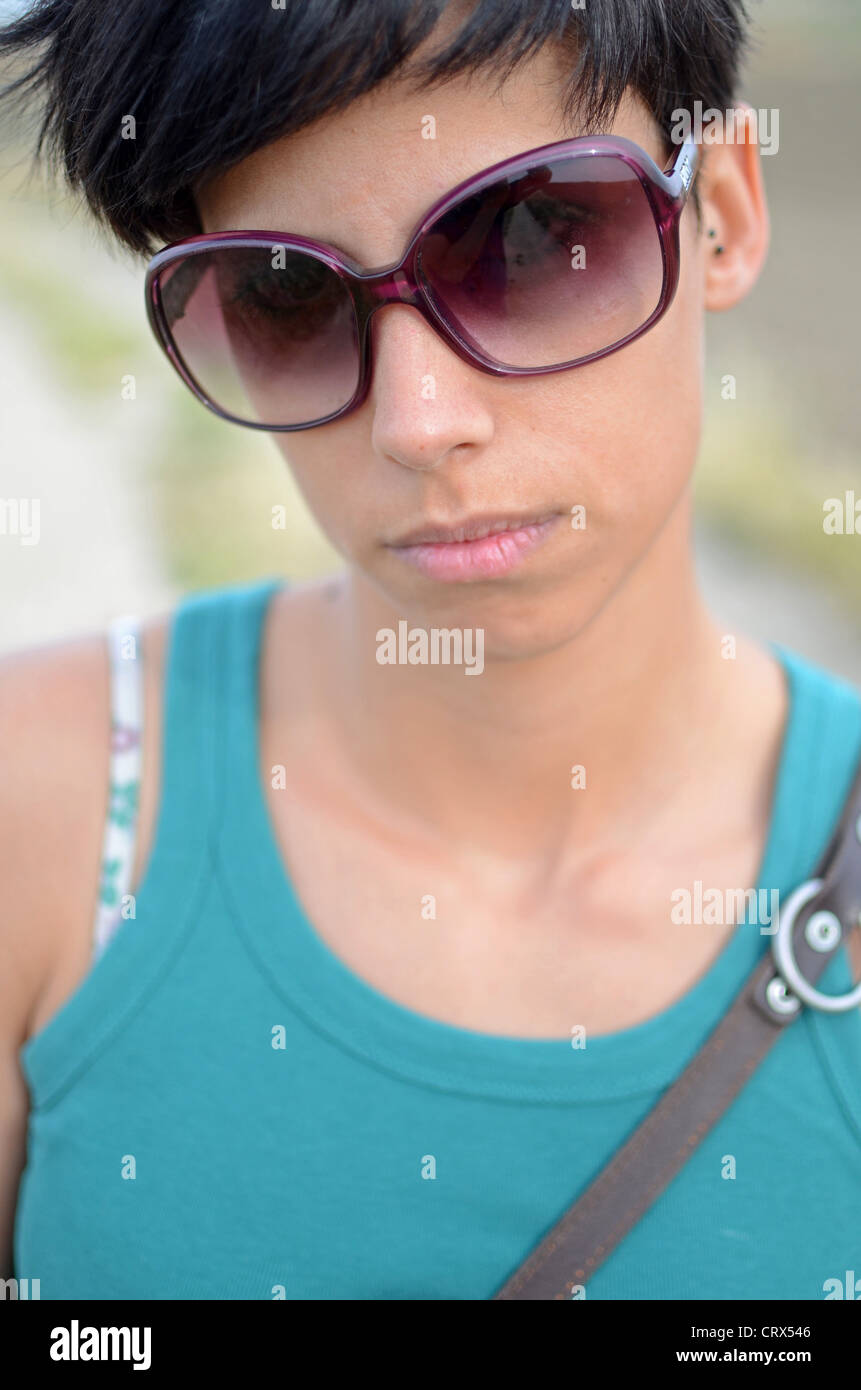 Attractive short haired girl in nature Stock Photo Alamy