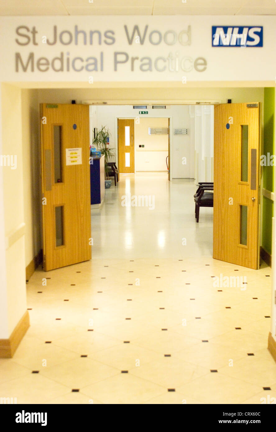 Entrance of St Johns Wood NHS medical practice inside a private hospital in London Stock Photo