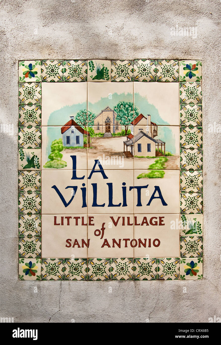 Tile mosaic at stairs leading from River Walk to La Villita, San Antonio, Texas, USA Stock Photo